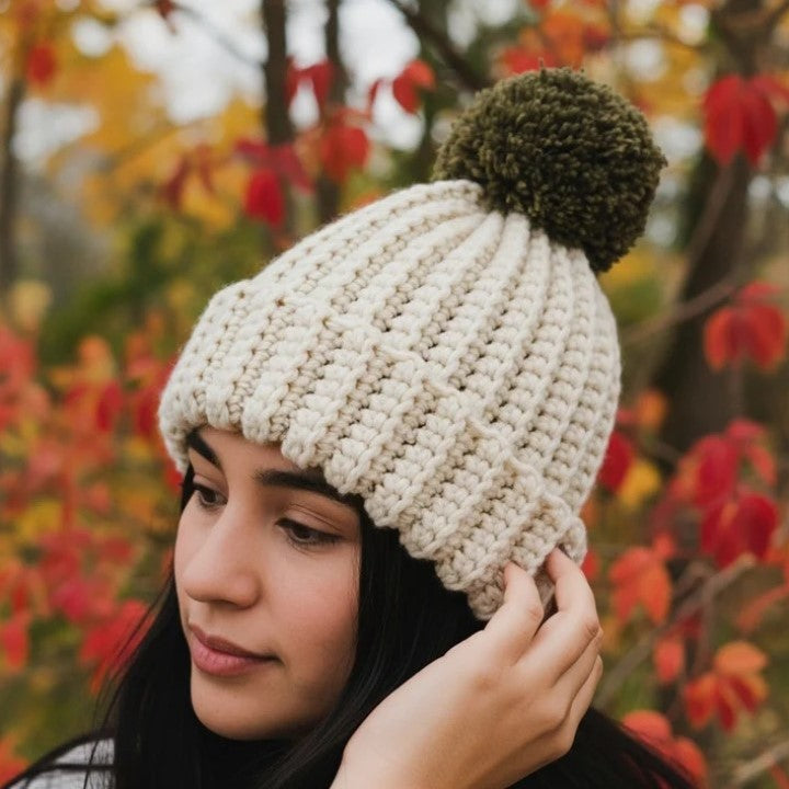 Soft Cream Pom Beanie Crochet Pattern (PDF Download)