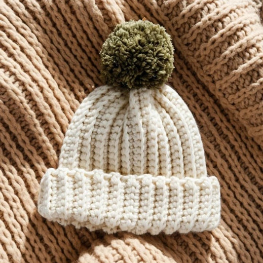 Soft Cream Pom Beanie Crochet Pattern (PDF Download)