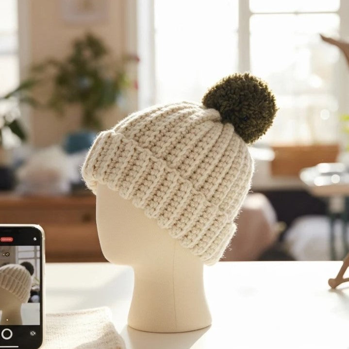 Soft Cream Pom Beanie Crochet Pattern (PDF Download)